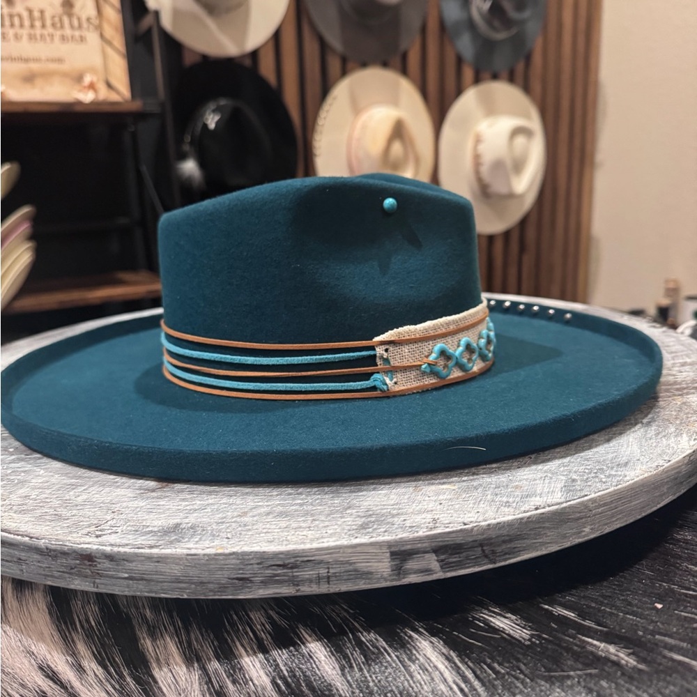SOLD Teal Western Hat with Feather and Beaded Band - Picture 5 of 5